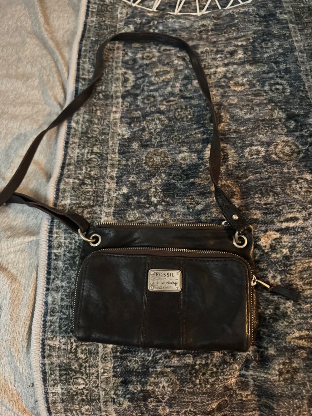 Fossil Black Leather Crossbody Wallet Purse - Picture 2 of 6